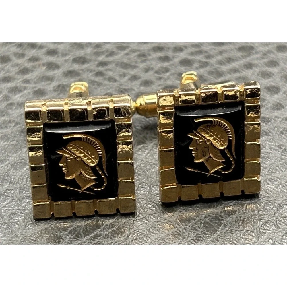 Vintage Roman Soldier Intaglio Style Gold Tone Cufflinks